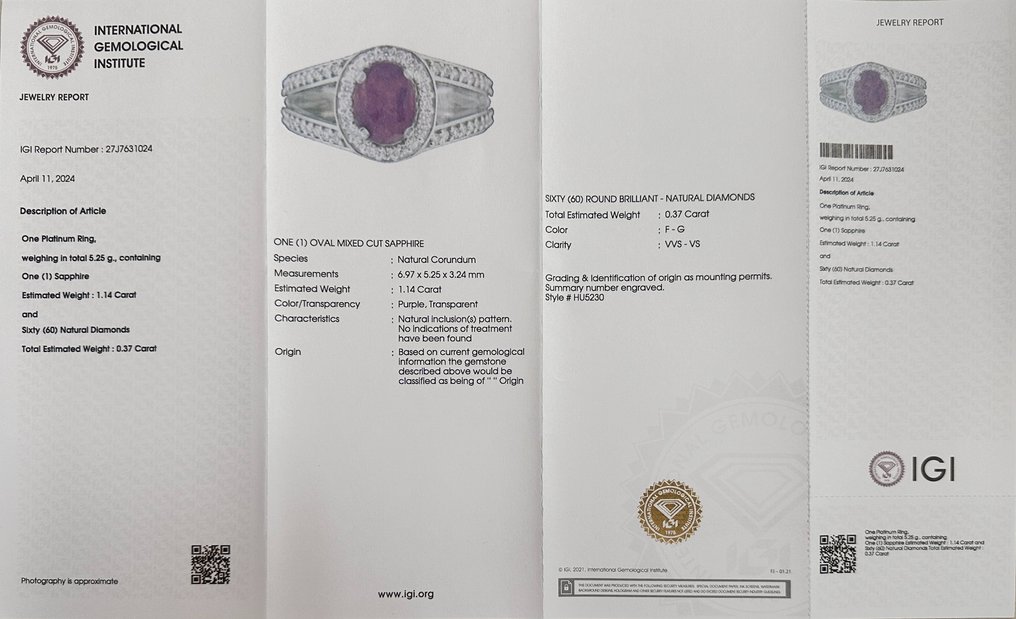 Inel Platină -  1.51ct. tw. Safir - Diamant - Safir violet #2.1