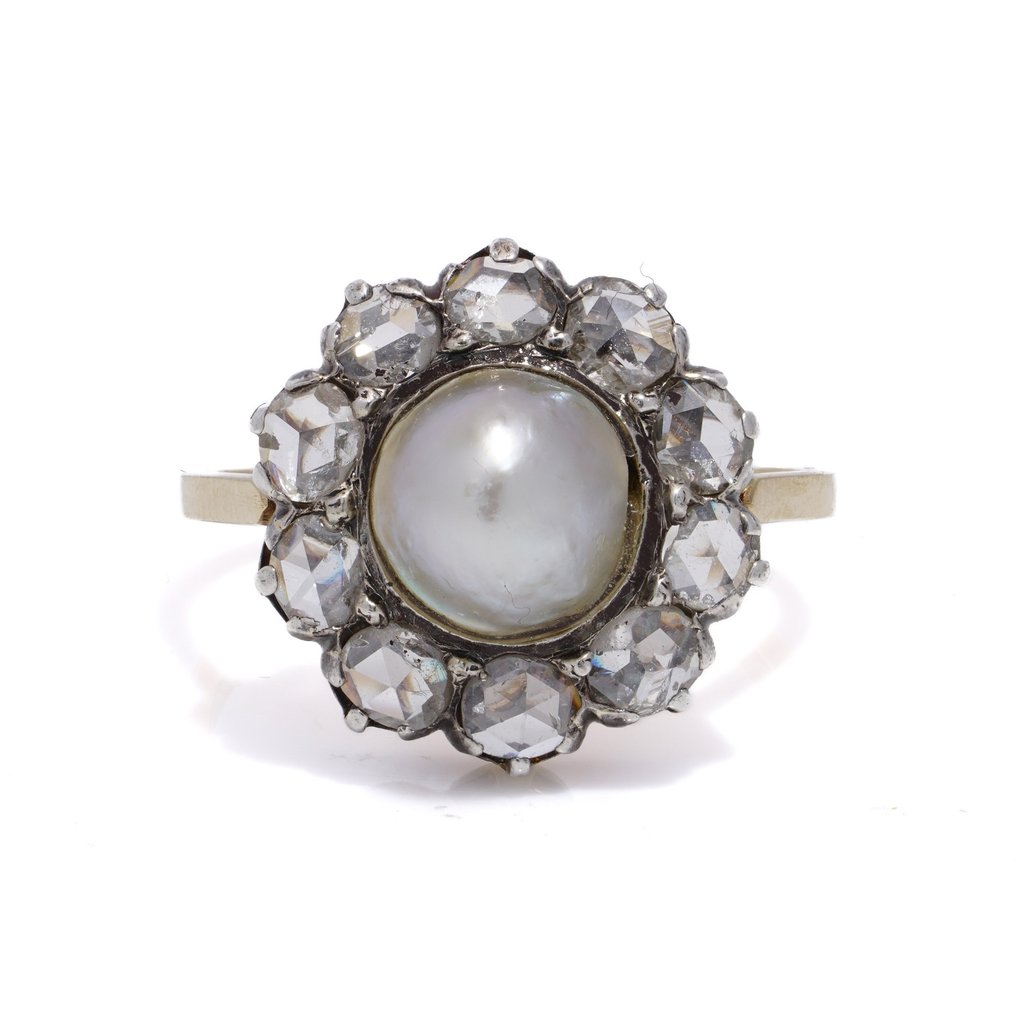 戒指 维多利亚风格的 18kt 金银珍珠钻石花头簇 #1.2