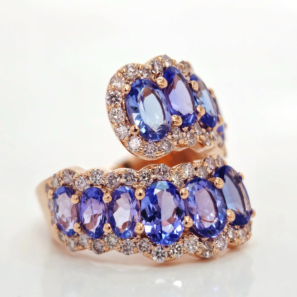 4.40 ct Violetish Blue Tanzanite & 1.20 ct Light Pink Diamond Ring - 6.98 gr - Anel - 14 K Ouro rosa Tanzanita - Diamante  #1.2