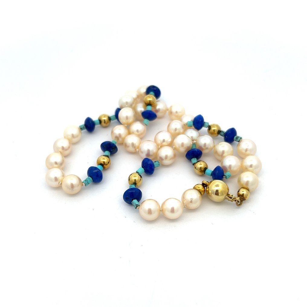 Perlenkette - 8 kt Gelbgold, Lapislazuli-Türkis #1.1