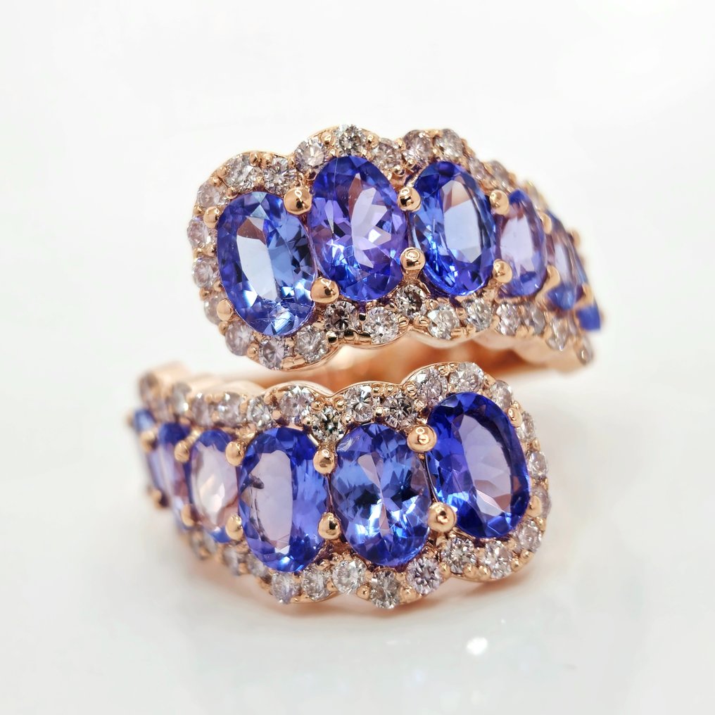 4.40 ct Violetish Blue Tanzanite & 1.20 ct Light Pink Diamond Ring - 6.98 gr - Anel - 14 K Ouro rosa Tanzanita - Diamante  #1.1