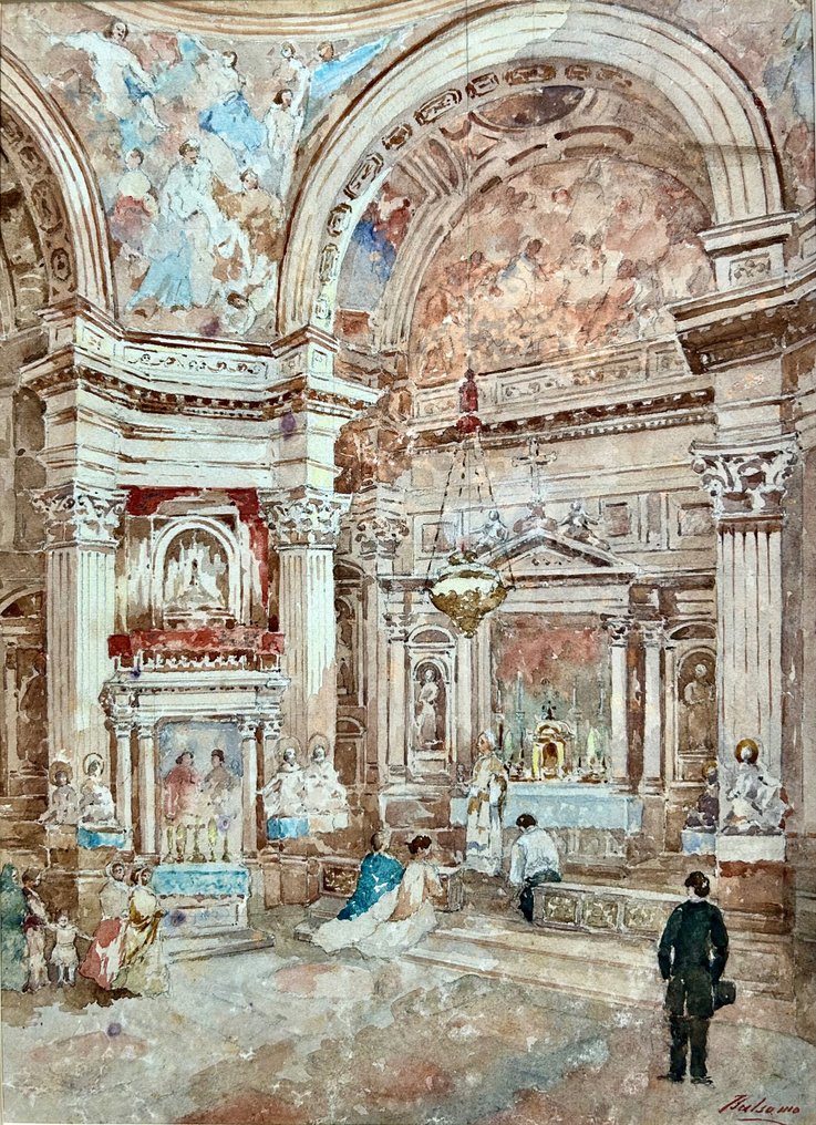 Salvatore Balsamo (1894–1922) - Interno di cattedrale con affreschi e figure #1.1