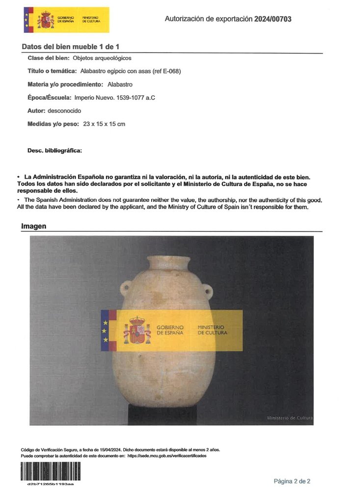 Egiptul Antic Vas imens de alabastru cu raport și licență de export spaniolă - 23 cm #3.1