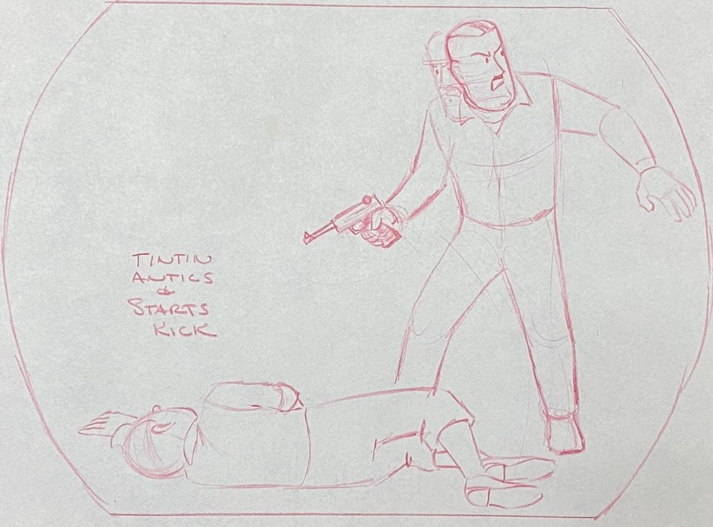 Tintin - 1 Desen original al lui Tintin și al colonelului Boris Jorgen - scenă completă (On a marché sur la #1.1