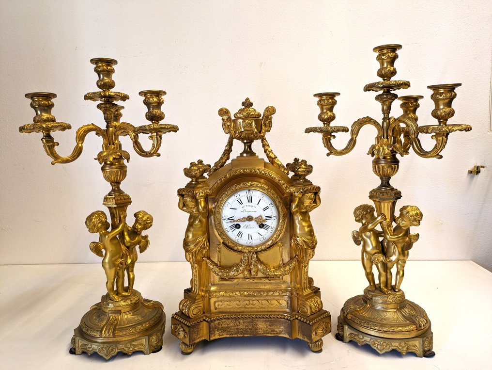 Conjunto de relógio e guarnição  (3) - Mon Marquis - Languereau -   Bronze dourado - 1850-1900 #1.1