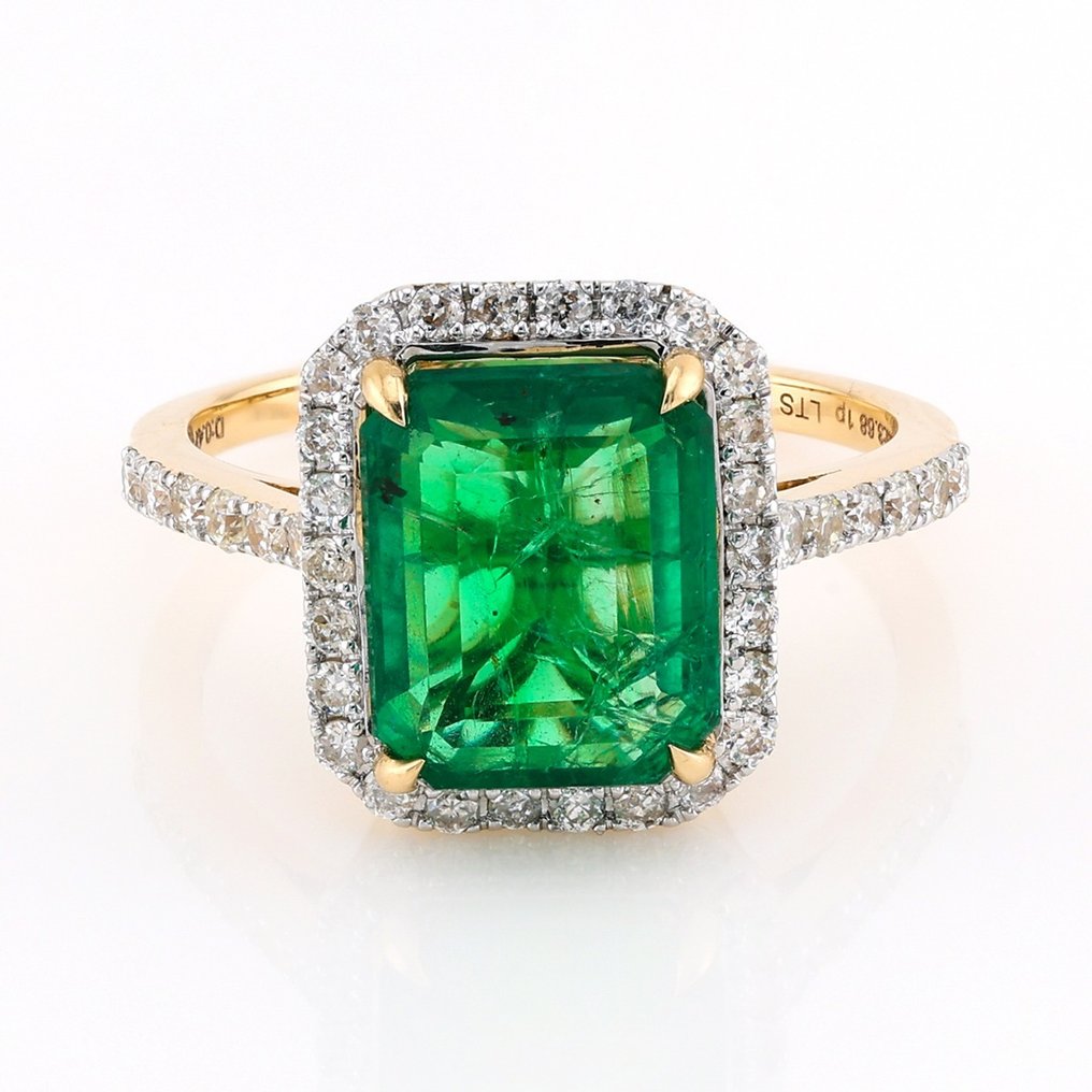 [LOTUS Certified] - (Emerald) 3.68 Cts - (Diamonds) 0.47 Cts (38) Pcs - Ring - 14 kt Gelbgold, Weißgold  #1.2