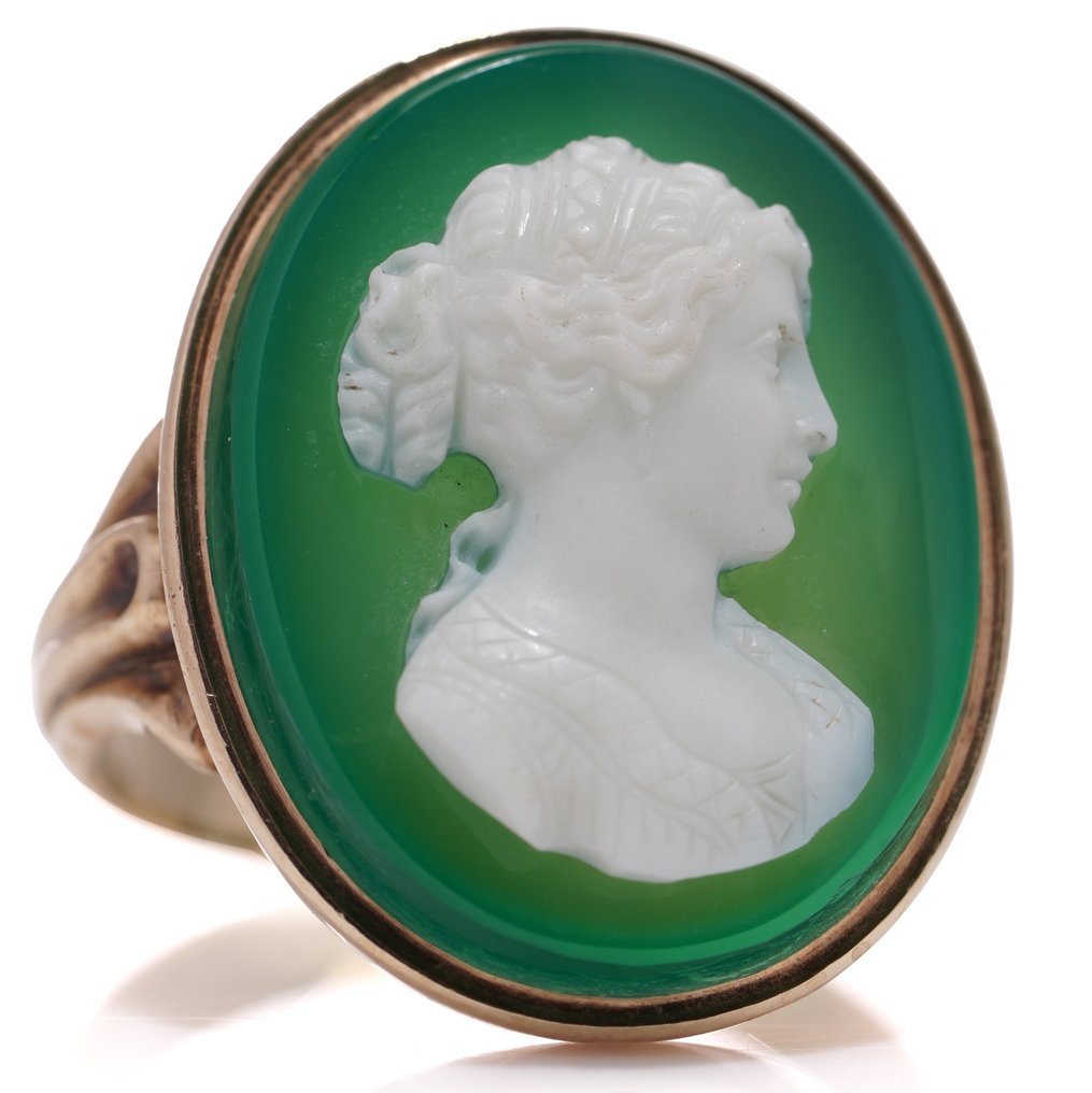 戒指 15kt. 玫瑰金维多利亚绿玛瑙浮雕戒指，带有女士轮廓 #1.2