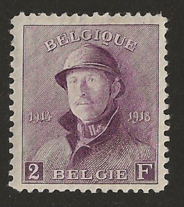 比利時 1919 - 2F 紫色，艾伯特戴頭盔，居中 - OBP/COB 176 #1.1