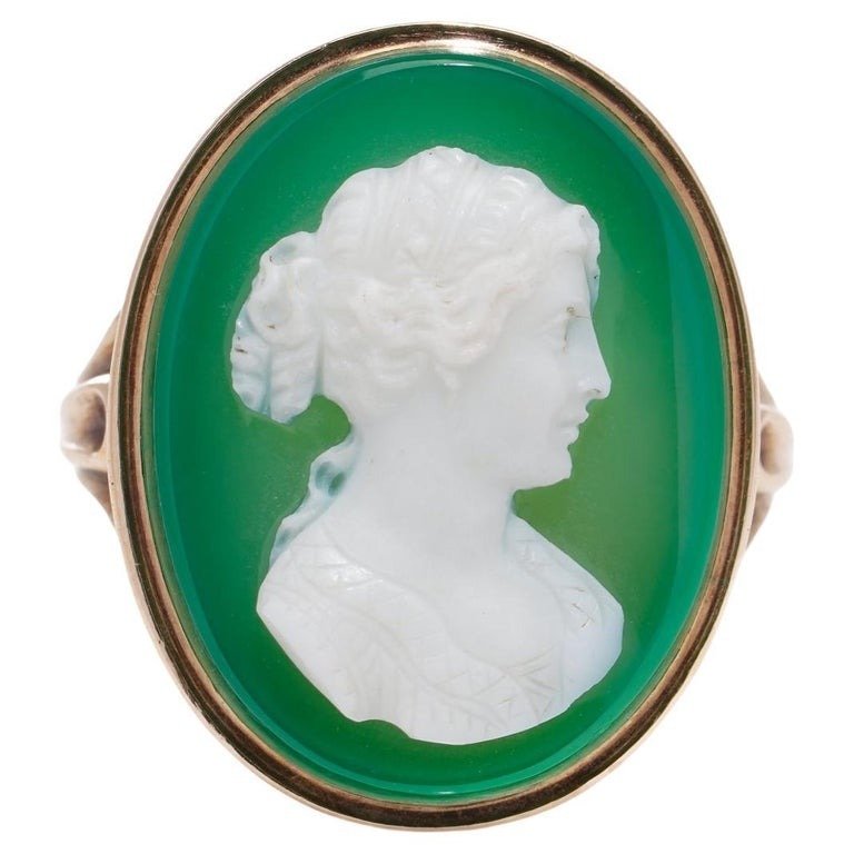 戒指 15kt. 玫瑰金维多利亚绿玛瑙浮雕戒指，带有女士轮廓 #2.1