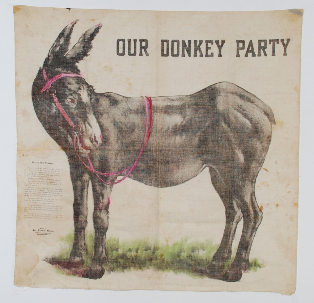 "Our Donkey Party" Art Fabric Mills,  Elms & Johnston, Selling Agents, New York. - 遊戲 - (a.k.a. “Pin the Tail on the Donkey”) - 棉布 #1.1