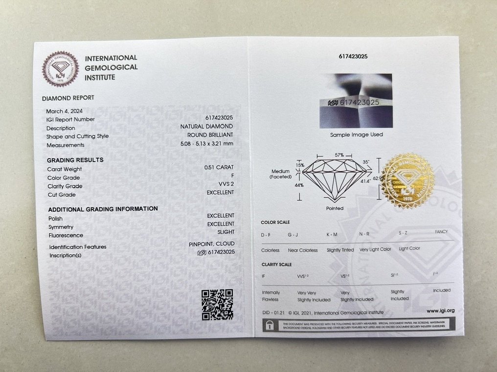 1 pcs Diamante  (Natural)  - 0.51 ct - Redondo - F - VVS2 - International Gemological Institute (IGI) #2.1