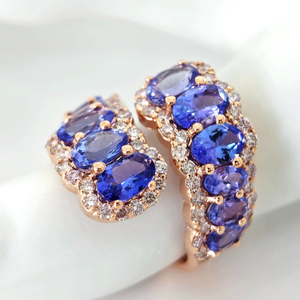 4.40 ct Violetish Blue Tanzanite & 1.20 ct Light Pink Diamond Ring - 6.98 gr - Anel - 14 K Ouro rosa Tanzanita - Diamante  #2.1