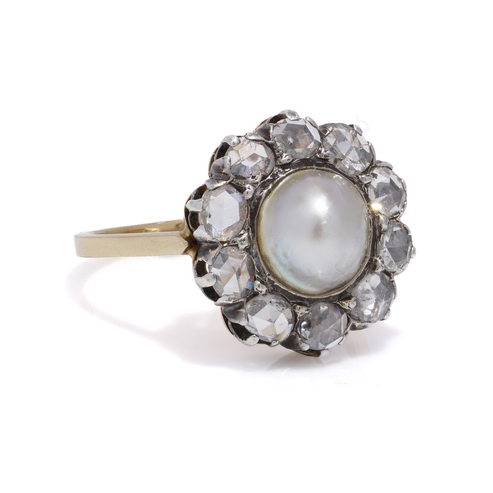 Gyűrű Viktoriánus 18kt arany és ezüst gyöngy gyémánt virágfejfürt #2.1