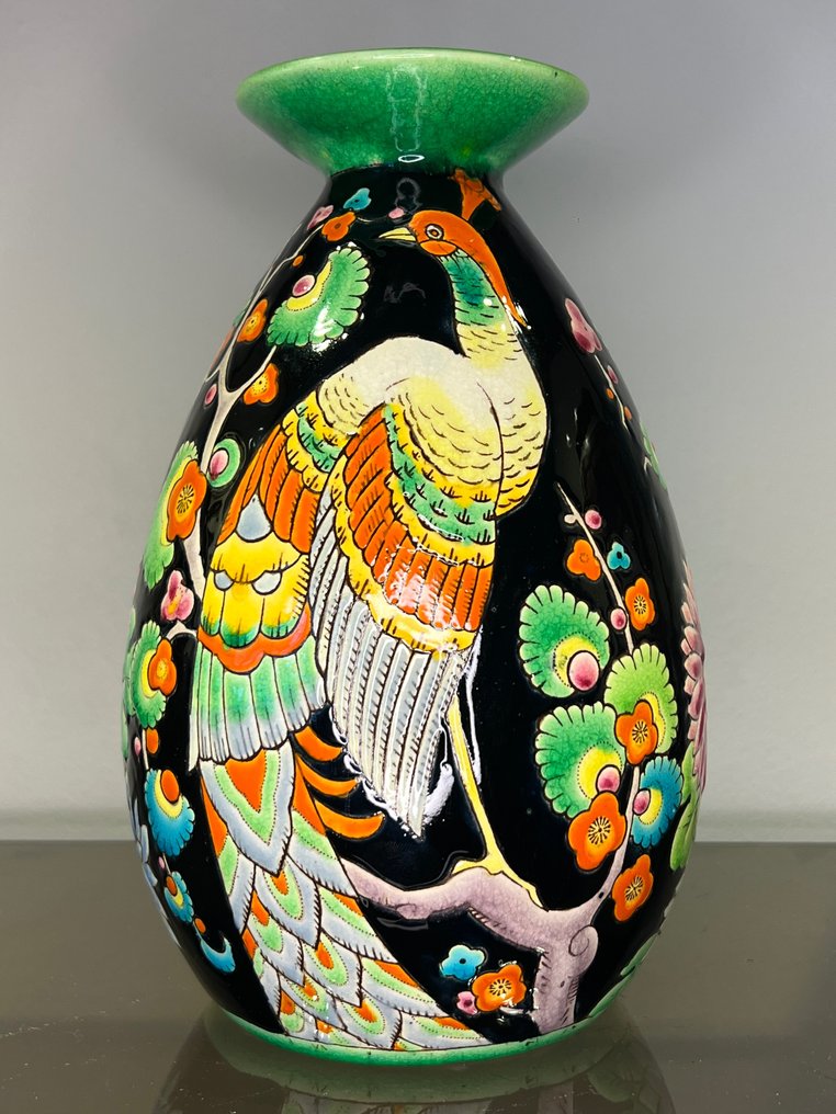 Boch Frères, Keramis, Keramis Boch - Charles Catteau - Vase -  Ovoid vase med flat hals påfugldekor  - Keramikk #1.1