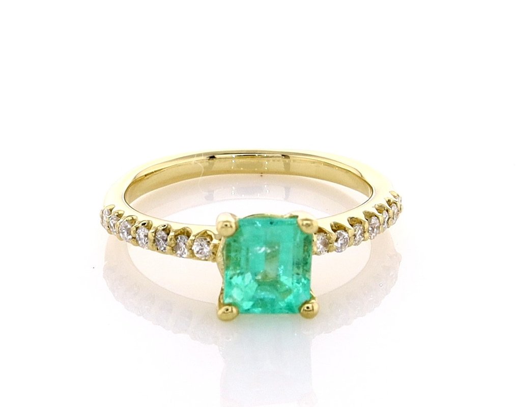 Ring - 14 karat Gulguld -  1.12ct. tw. Smaragd - Diamant #1.1