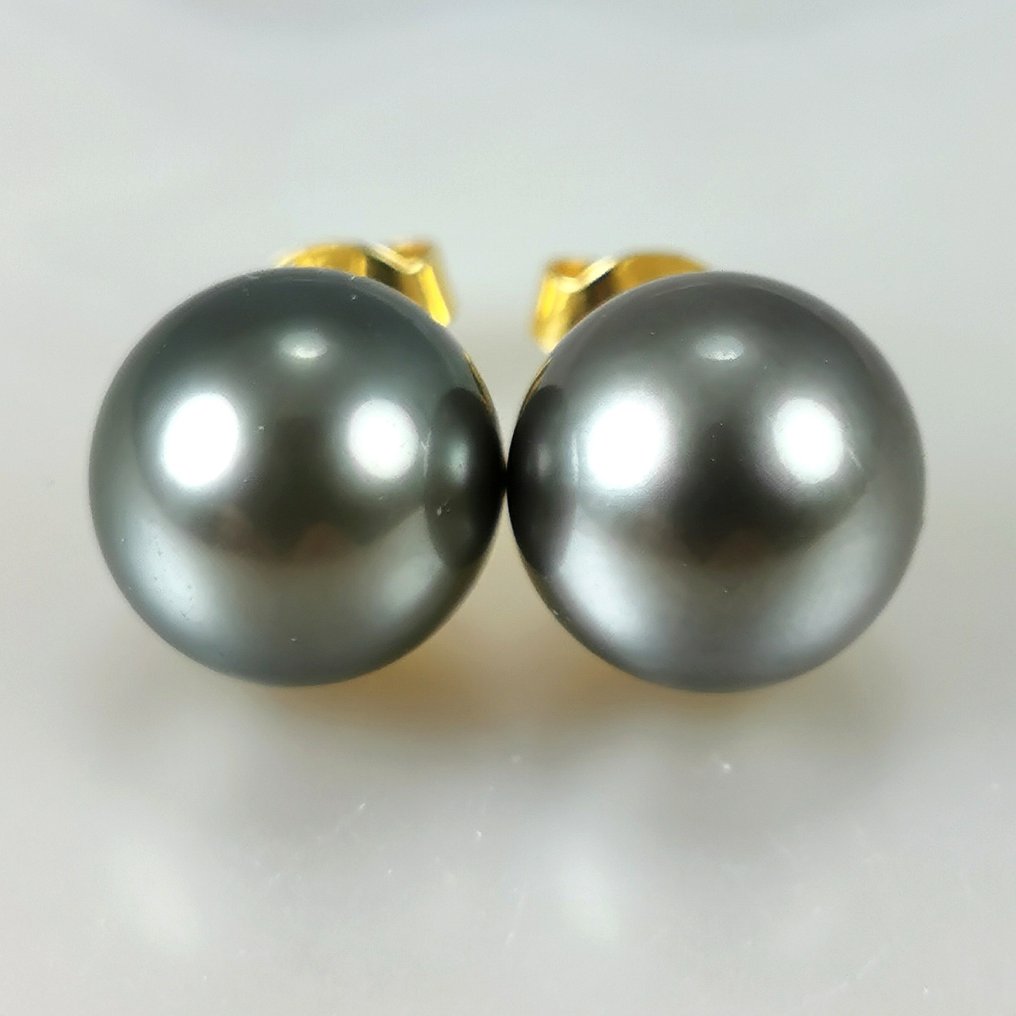 Tahitian cultured pearls earrings Ø 10,5 MM - Earrings - 18 kt. Yellow ...