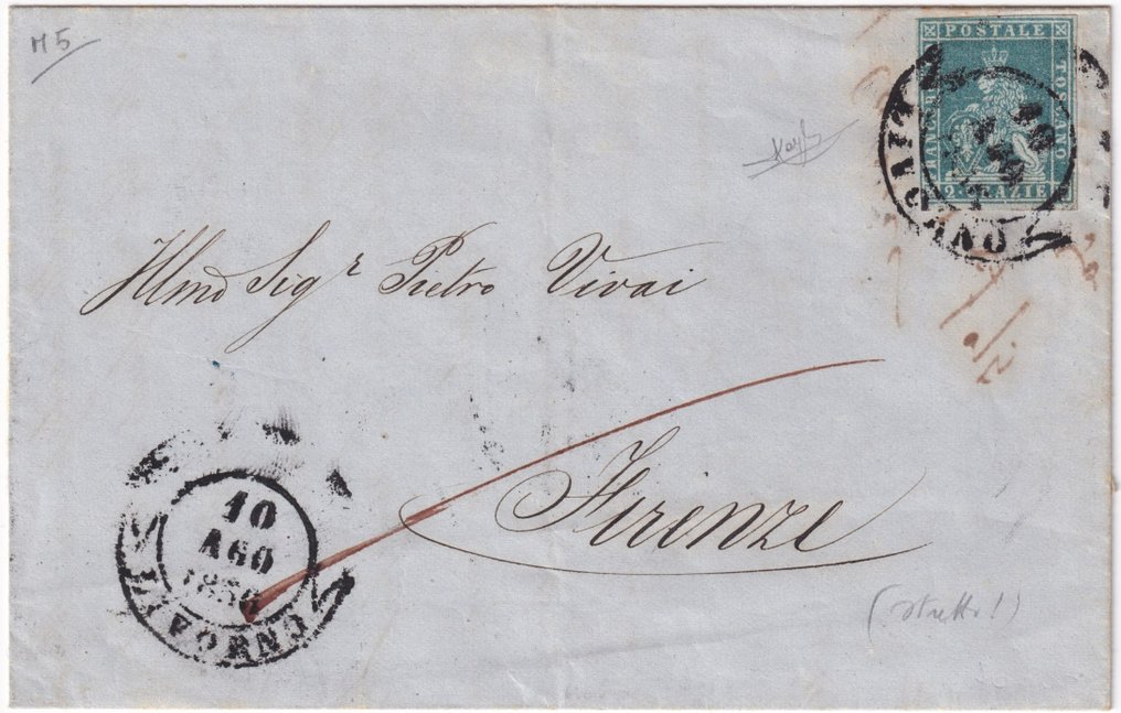 Αρχαία ιταλικά κράτη -  Τοσκάνη  - 1856 10 Αυγούστου 2 κρ. Sass 5 σε επιστολή από το Λιβόρνο στη Φλωρεντία f.Raybaudi #1.1