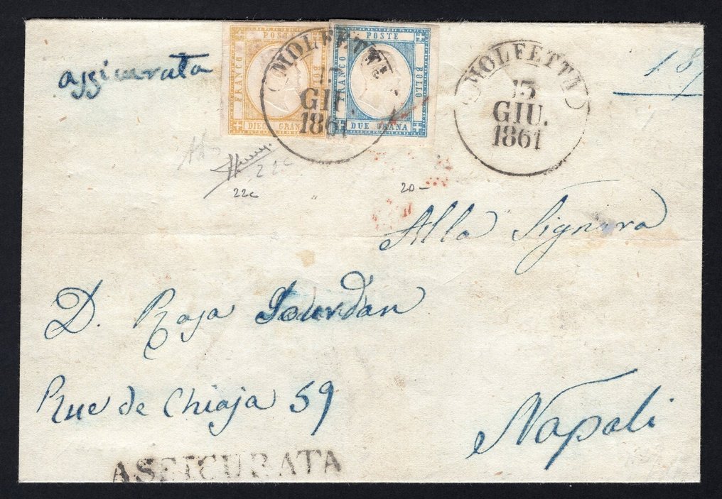 Anciens états italiens - Naples  - Lettre de Molfetta 2gr + 10gr, pour Naples - Sassone n. 20 e 22c #1.1