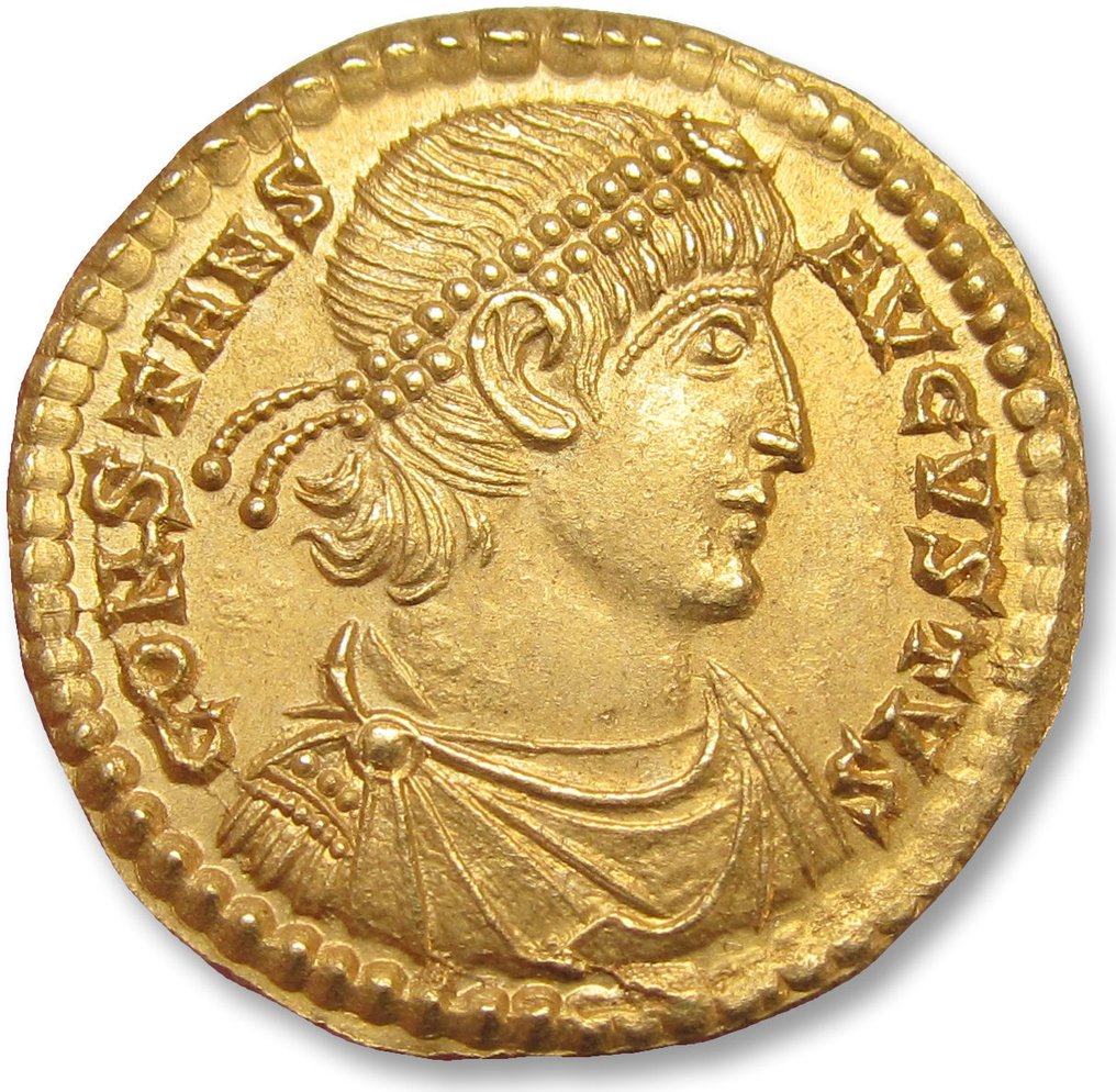 Romerska riket. Constans as Augustus. Solidus Treveri (Trier) mint circa 342-343 A.D. - near mint state, large & heavy flan #1.1