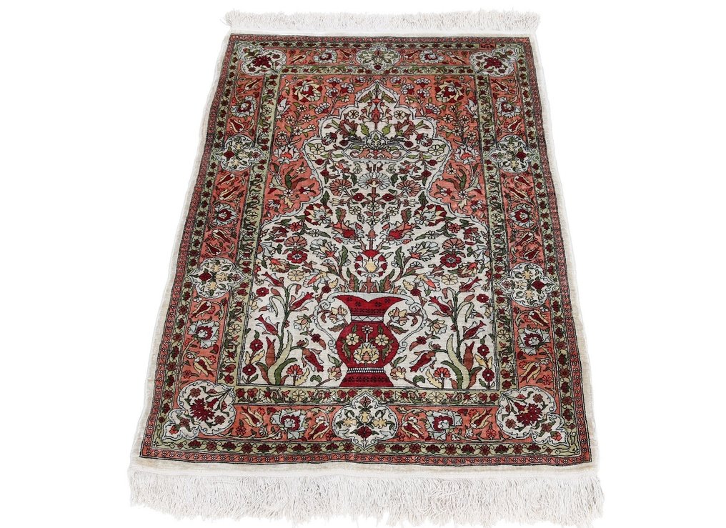 Silk Hereke Signed Carpet with Floral Design - Puro lujo ~1 millón. Nudos/m² - Alfombra - 93 cm - 65 cm #1.2
