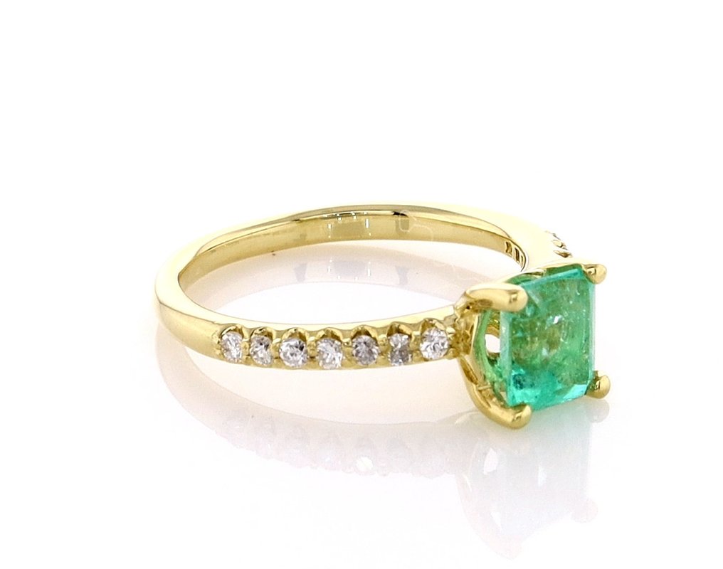 Ring - 14 karat Gull -  1.12 tw. Smaragd - Diamant  #3.1