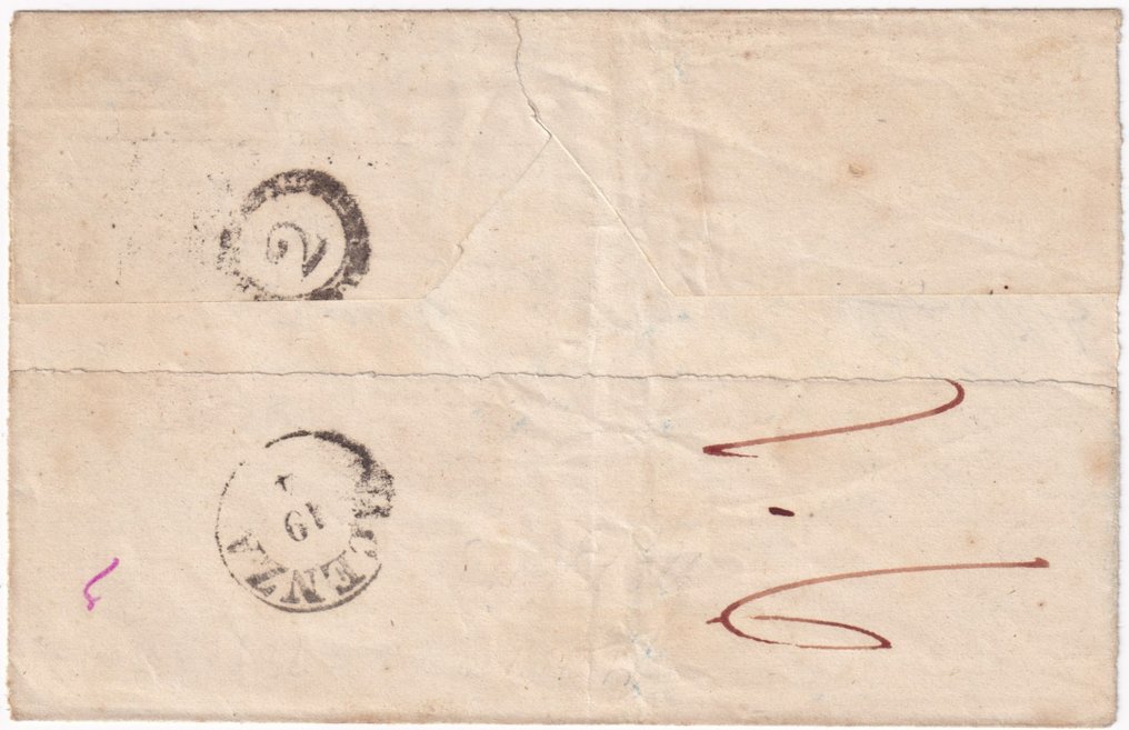 Antiguos Estados de Italia - Toscana  - 1854 17 de abril 6 cr. Sass 7f con sobrecubierta de Florence x Vienna en PD firmado AD #2.1