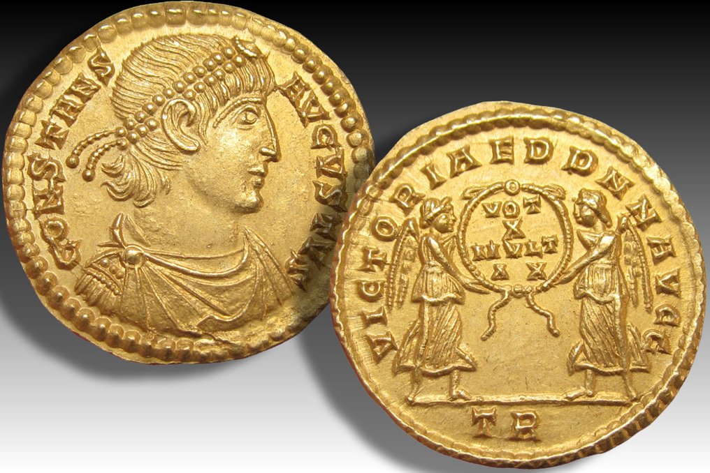 Imperio romano. Constans as Augustus. Solidus Treveri (Trier) mint circa 342-343 A.D. - near mint state, large & heavy flan #2.1