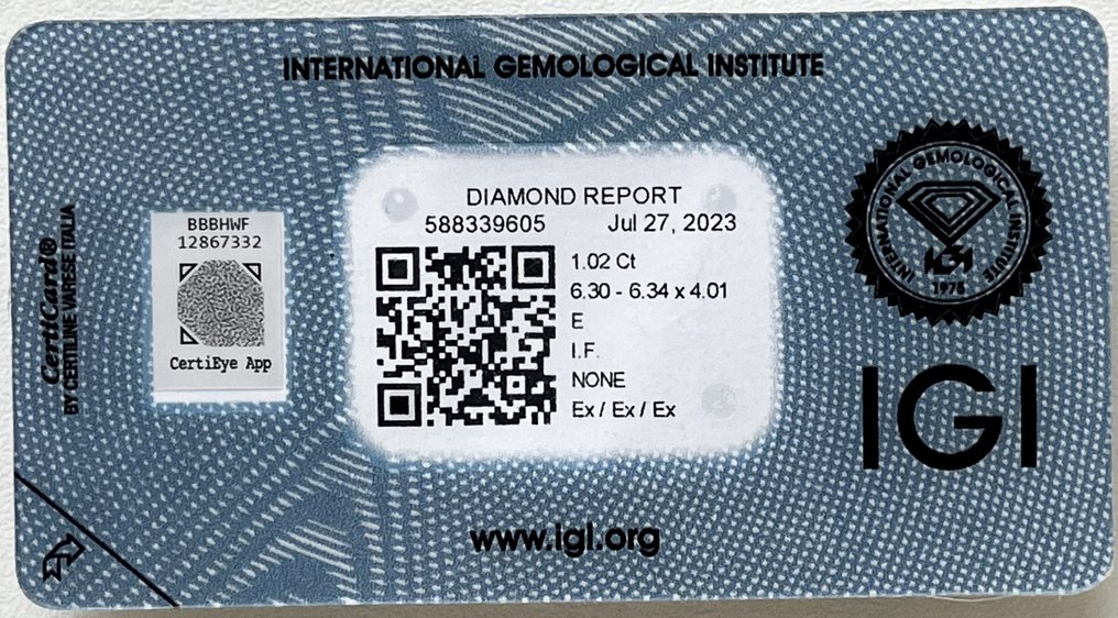1 pcs Diamond  (Natural)  - 1.02 ct - Round - E - IF - International Gemological Institute (IGI) #3.1