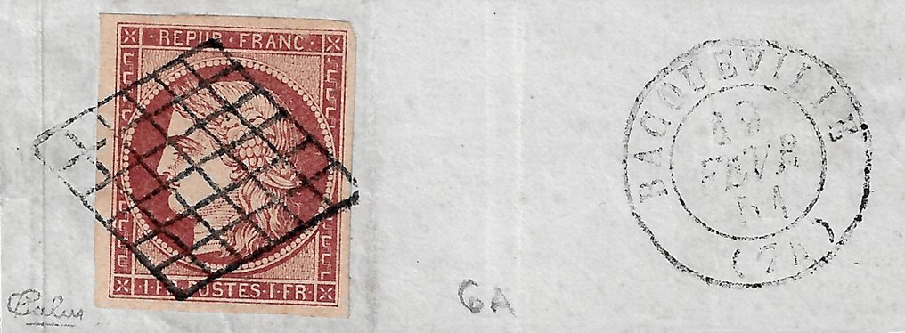 France 1849 - Magnifique 1 franc carmin brun oblitéré grille sur fragment - Yvert et Tellier n°6B #1.1