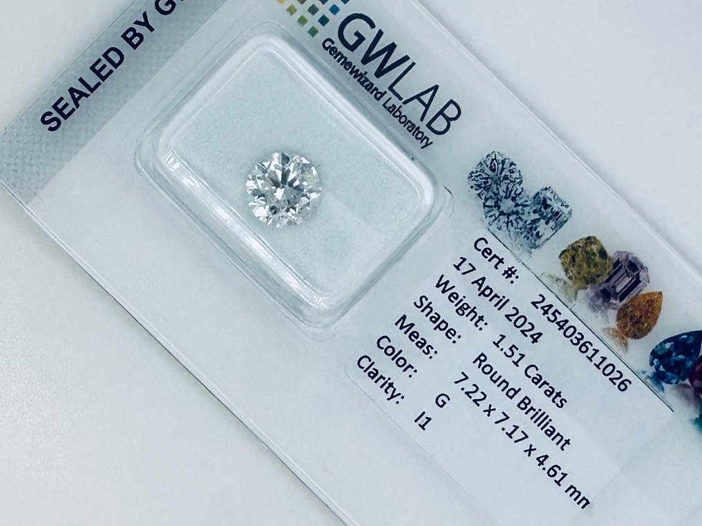1 pcs Diamante  (Natural)  - 1.51 ct - Redondo - G - I1 - Gemewizard Gemological Laboratory (GWLab) #2.1