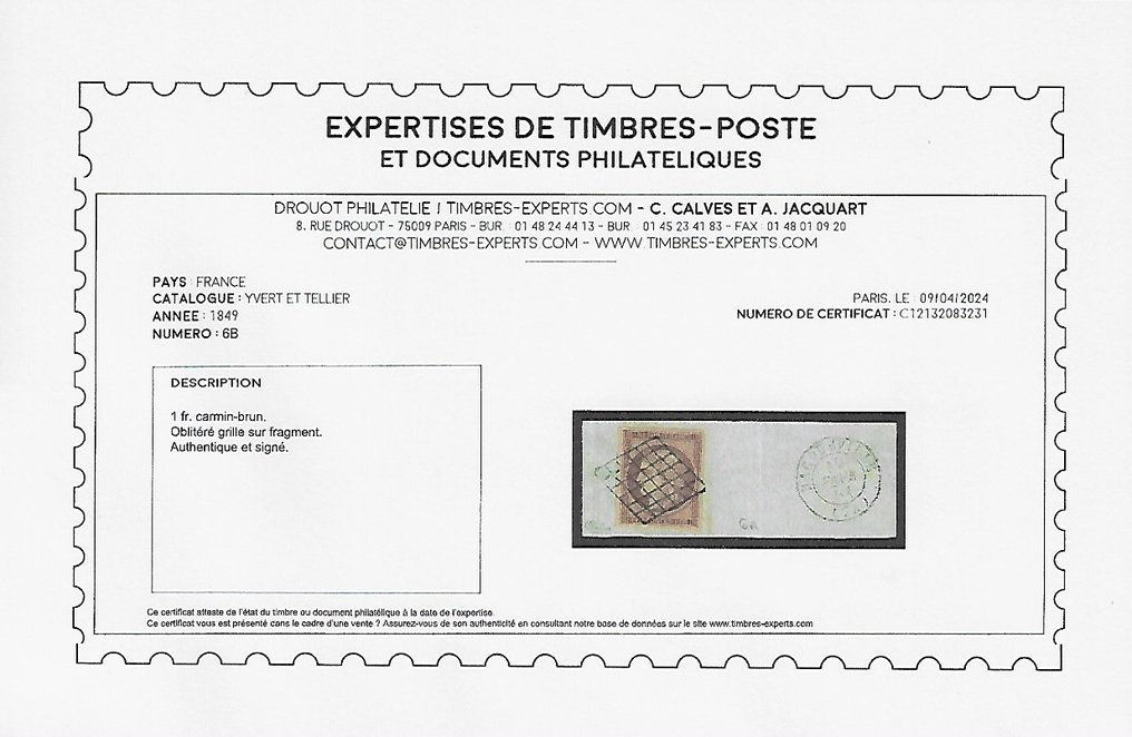 France 1849 - Magnifique 1 franc carmin brun oblitéré grille sur fragment - Yvert et Tellier n°6B #2.1