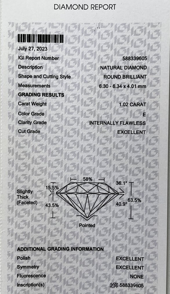 1 pcs Diamond  (Natural)  - 1.02 ct - Round - E - IF - International Gemological Institute (IGI) #2.1