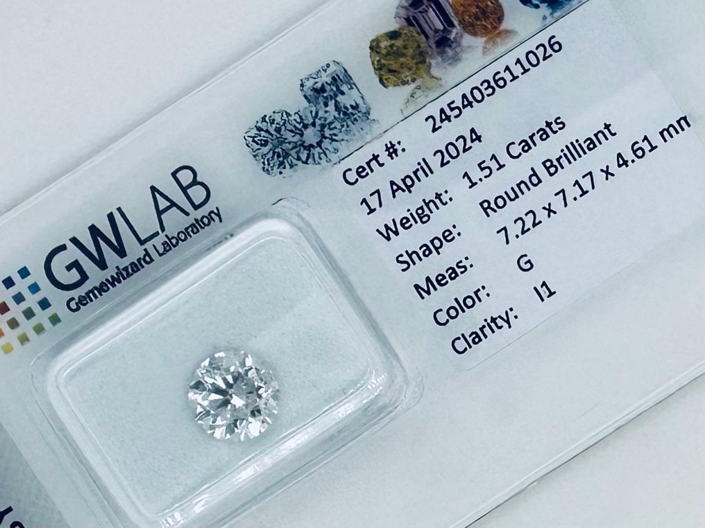 1 pcs Diamante  (Natural)  - 1.51 ct - Redondo - G - I1 - Gemewizard Gemological Laboratory (GWLab) #2.2