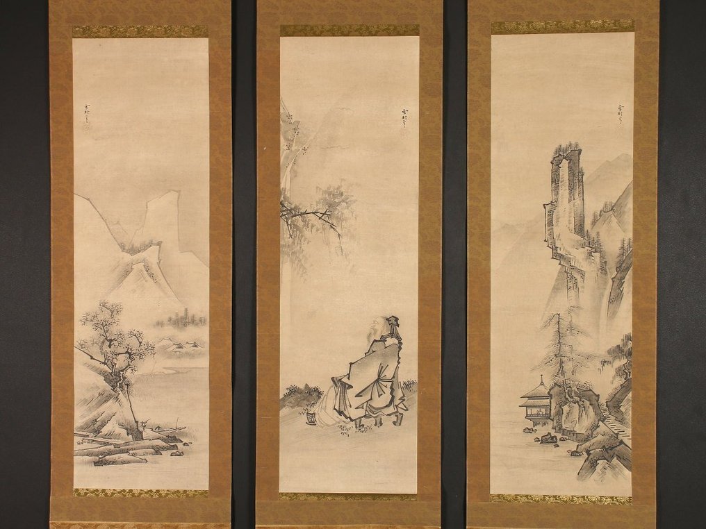 Very fine sumi-e landscape triptych "Enjoying waterfall view" - after Sesson Shukei (1504-1589) - 日本 - 江戶時代初期/中期 #1.1