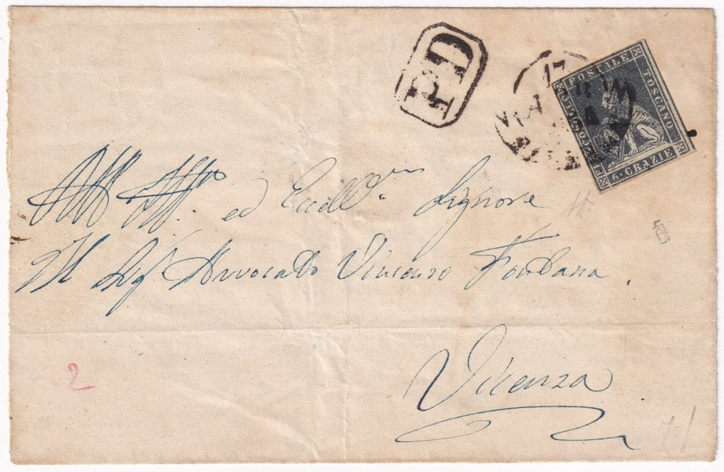 Italienska forntida stater - Toscana  - 1854 17 apr 6 kr. Sass 7f på skyddsomslag från Florence x Vienna i PD signerad AD #1.1