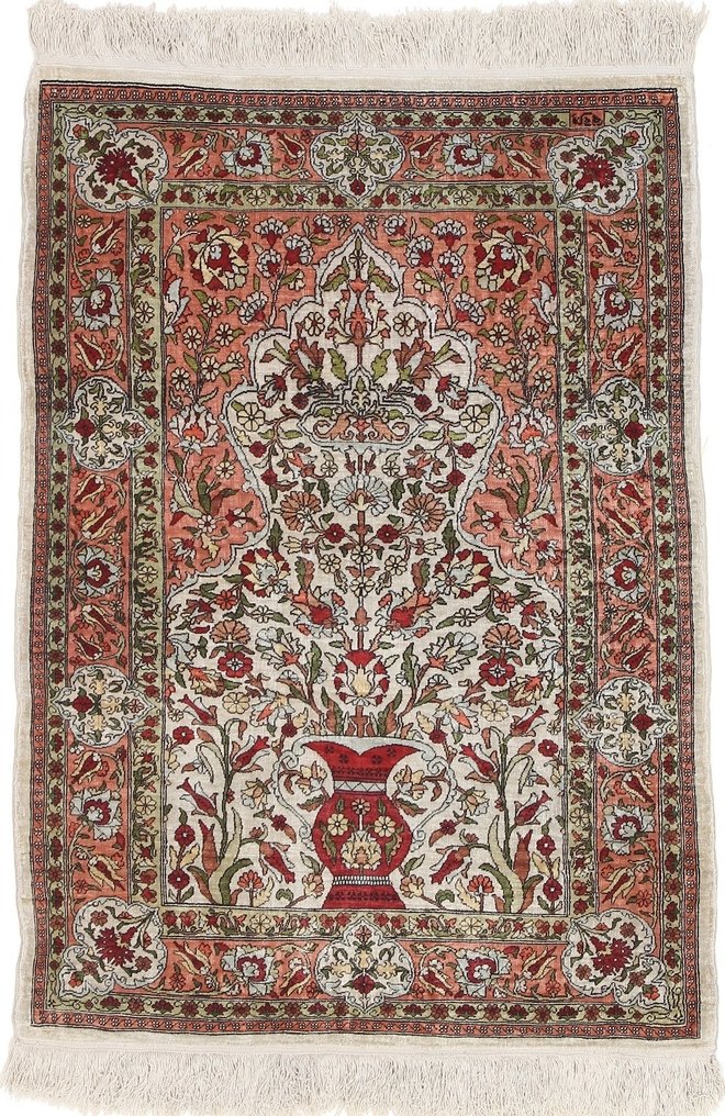 Silk Hereke Signed Carpet with Floral Design - Ren lyx ~1 miljon. Knop/m² - Matta - 93 cm - 65 cm #1.1