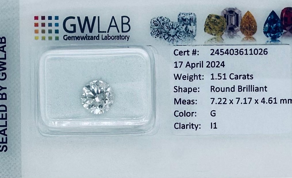 1 pcs Diamante  (Natural)  - 1.51 ct - Redondo - G - I1 - Gemewizard Gemological Laboratory (GWLab) #3.2