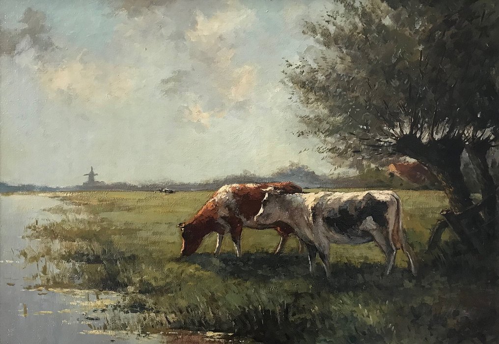 Fedor van Kregten (1871-1937) - Hollands landschap met koeien aan de waterkant #1.1