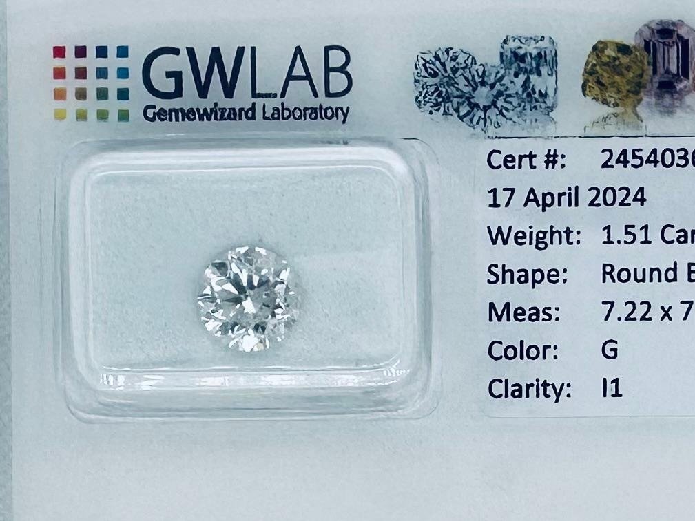 1 pcs Diamante  (Natural)  - 1.51 ct - Redondo - G - I1 - Gemewizard Gemological Laboratory (GWLab) #1.1