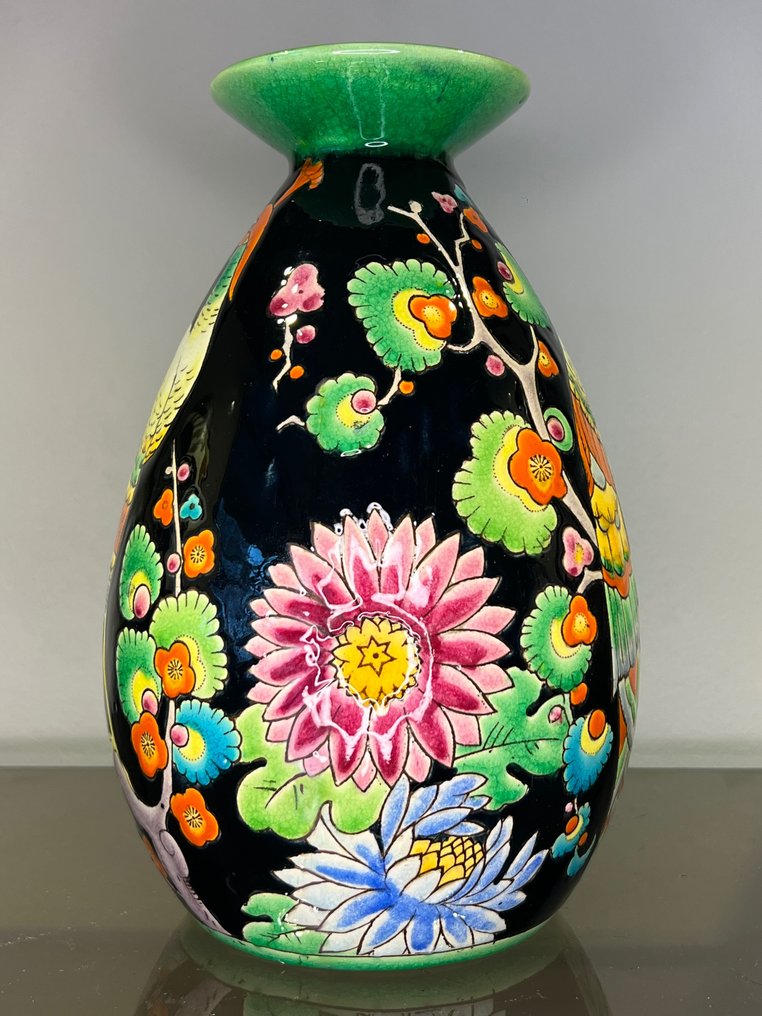 Boch Frères, Keramis, Keramis Boch - Charles Catteau - Vase -  Ovoid vase med flat hals påfugldekor  - Keramikk #2.1