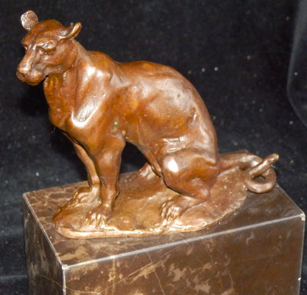 sculptuur, Zware Bronzen Jaguar - Panter op marmeren voet - After Louis-Albert Carvin (1875-1951) - 18 cm - Brons, Marmer - 2000 #1.1