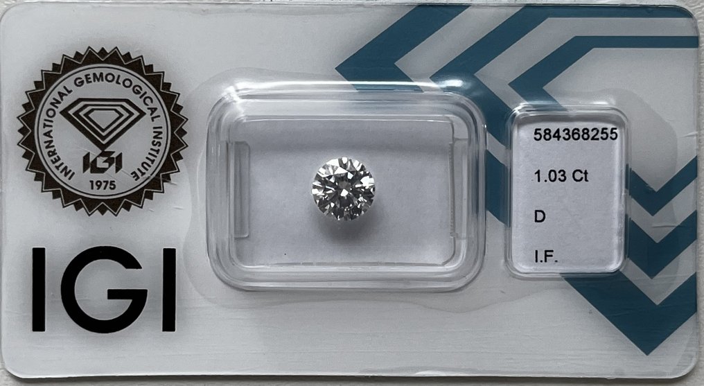 1 pcs Diamant  (Natur)  - 1.03 ct - Rund - D (farveløs) - IF - International Gemological Institute (IGI) #1.1