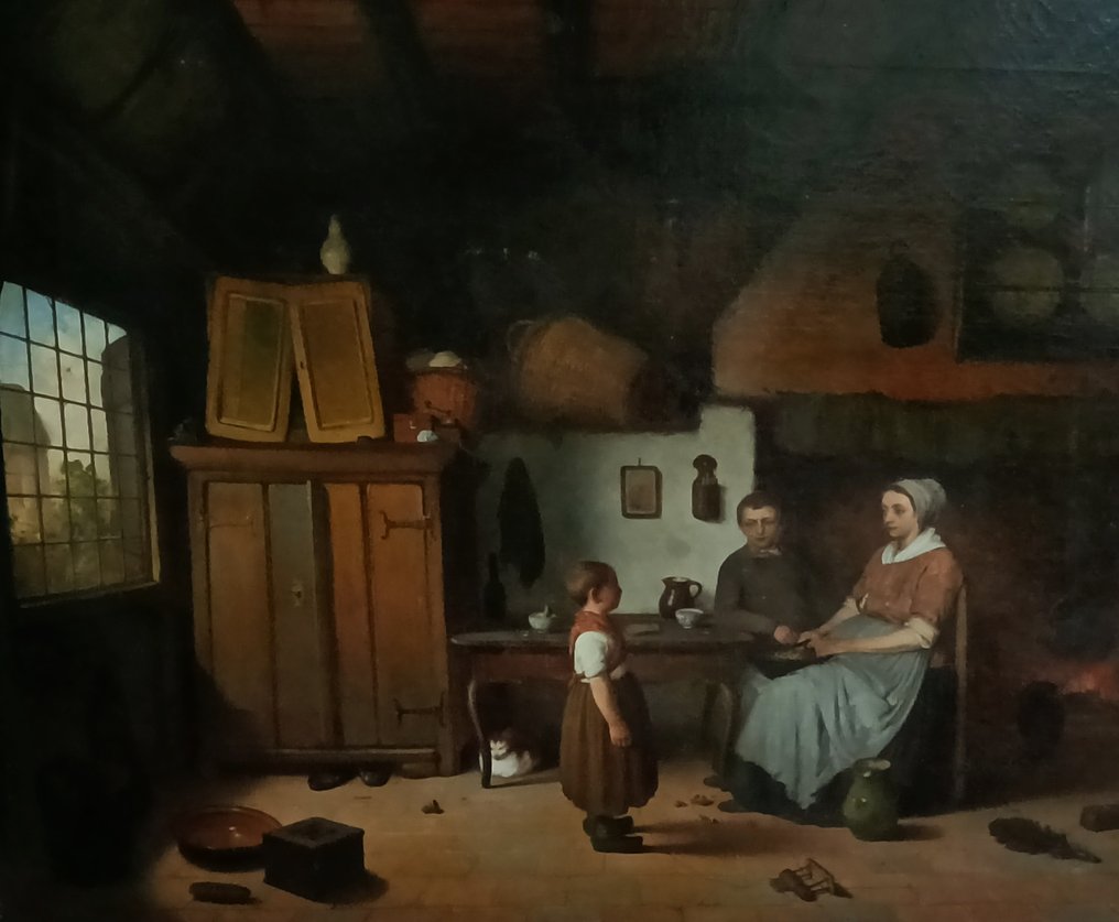 Omgeving van Basile de Loose (1809-1885) - Interieur met moeder en vader en kind en poes #2.1