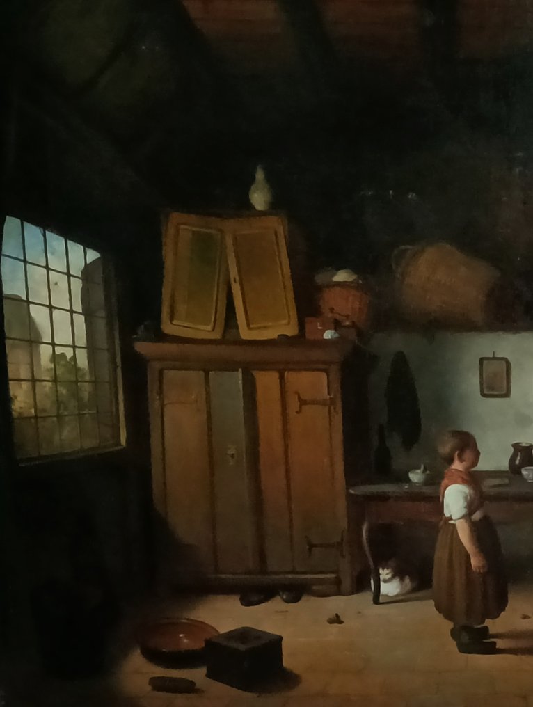 Omgeving van Basile de Loose (1809-1885) - Interieur met moeder en vader en kind en poes #3.1