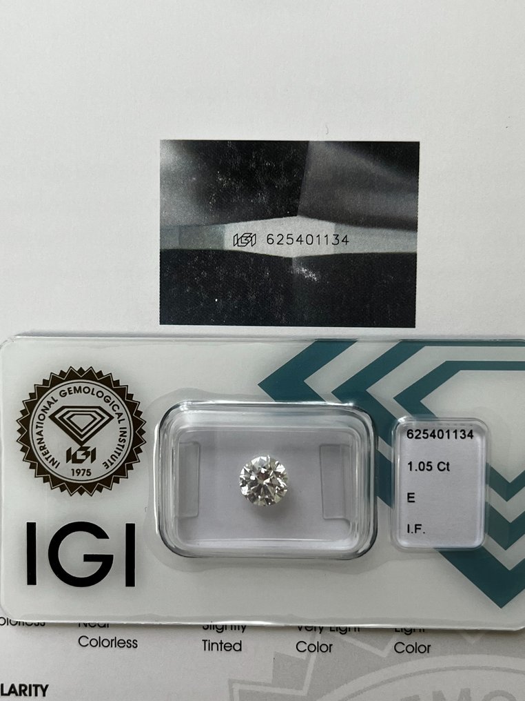 1 pcs Diament  (Naturalny)  - 1.05 ct - okrągły - E - IF - International Gemological Institute (IGI) #2.1