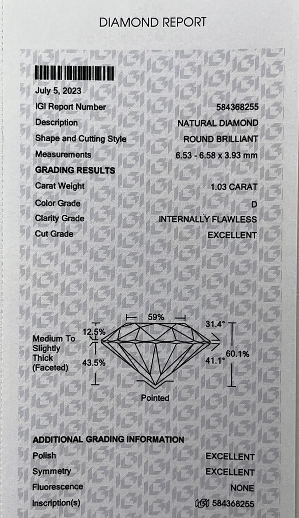 1 pcs Diamant  (Natur)  - 1.03 ct - Rund - D (farveløs) - IF - International Gemological Institute (IGI) #2.2