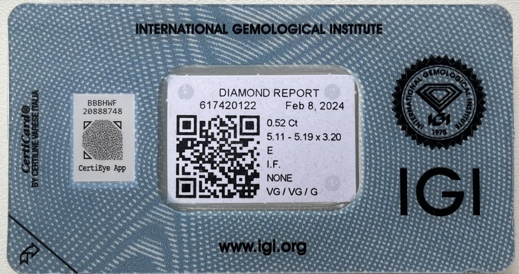 1 pcs Diamant  (Natur)  - 0.52 ct - Rund - IF - International Gemological Institute (IGI) #3.1