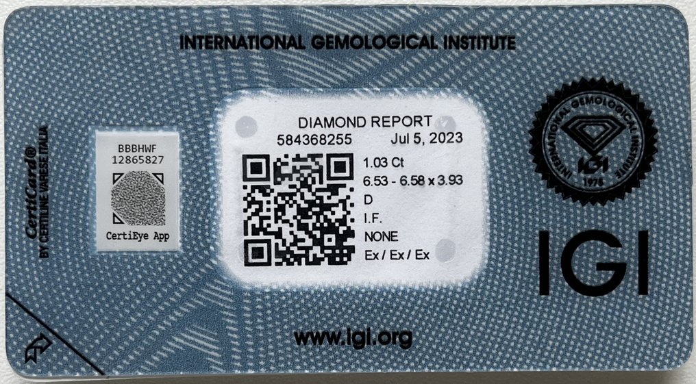 1 pcs Diamant  (Natürlich)  - 1.03 ct - Rund - D (farblos) - IF - International Gemological Institute (IGI) #3.1