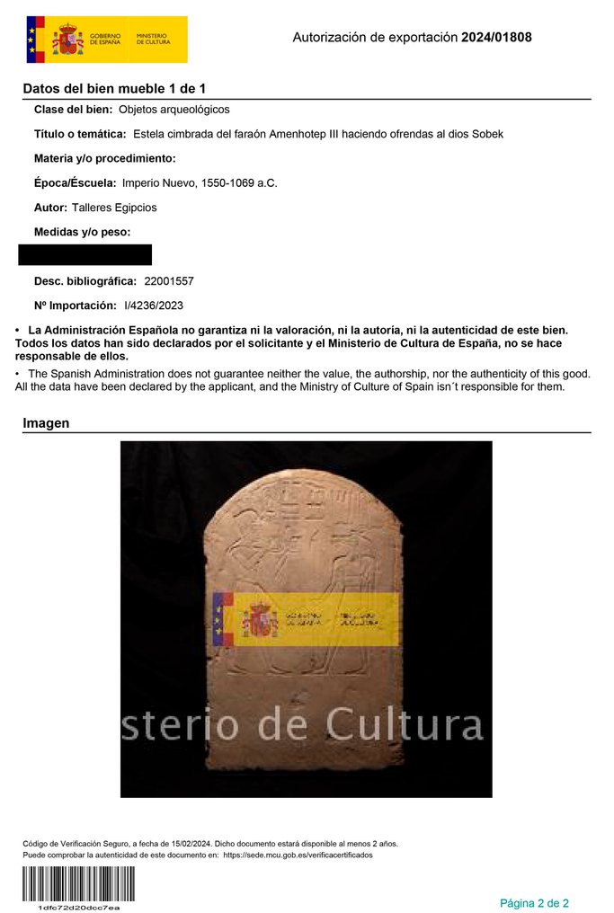 古埃及 石灰石 重要的石碑，法老阿蒙霍特普三世供奉索贝克神。49厘米高。西班牙出口许可证及旧证书 #3.2