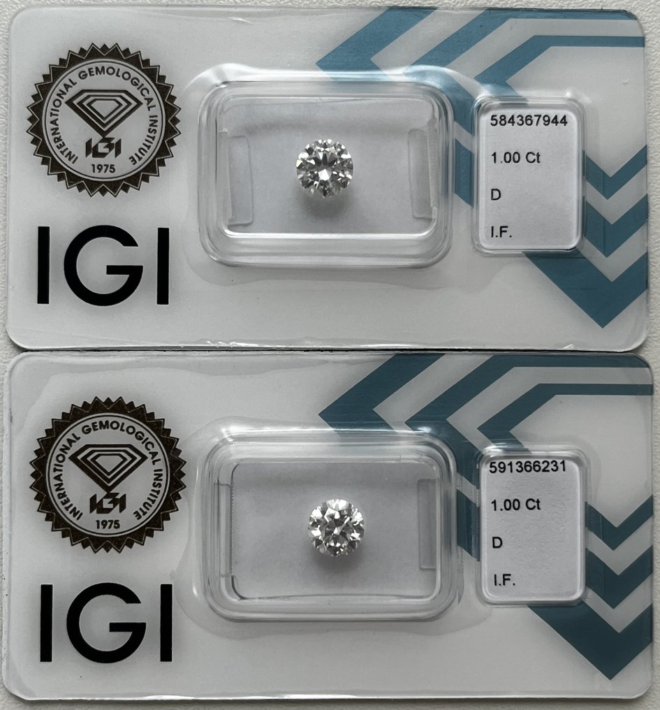 2 pcs Diamant  (Natürlich)  - 2.00 ct - Rund - D (farblos) - IF - International Gemological Institute (IGI) #1.1